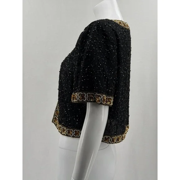 Vintage Laurence Kazar Jacket Womens Large Black Beaded 100% Silk Evening Formal - Picture 4 of 9